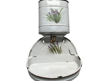 Antique Vtg French Enamelware Enameled Wall Fountain Lavabo Hand Painted Floral