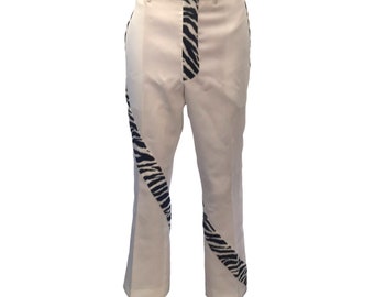 Vintage 1970s &#39;80s Mod Groovy Men&#39;s White Pants Zebra Print Panels Size 31 x 28
