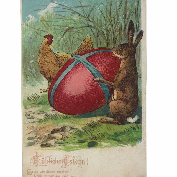 Vintage 1901 German Easter Postcard Bunny Rabbit Egg Chicken Chick Postkarte