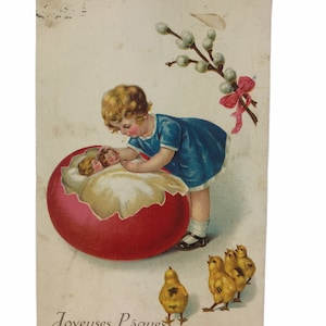 Vintage 1936 francese Cartolina di Pasqua Ragazza con Bambola Chicks Joyeuse Pacques