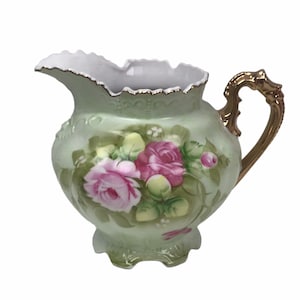Vintage Lefton China Heritage Rose Green Pitcher Jug Bulbous 6-3/4&quot; Japan 3066