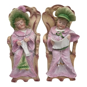Pair Antique Porcelain Figurines Children In Chairs 11270 DEP Germany 9-1/2&quot; U20