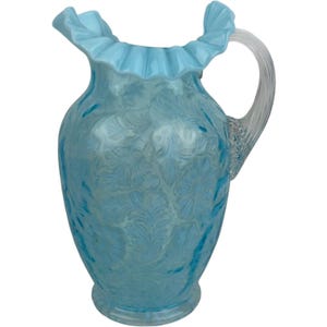 Antique Fenton Blue Opalescent Glass Pitcher Ruffled Edge Daisy Fern Pattern 10&quot;