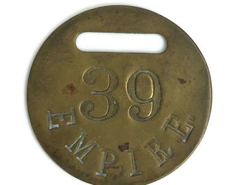 Antique Vintage Brass Empire 39 Key Fob Hotel Building Old Patina 1-3/8" Wide