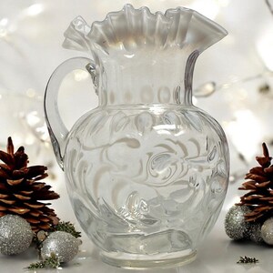 Antique Fenton Art Glass White Opalescent Pitcher Buttons Braids Ruffled Edge