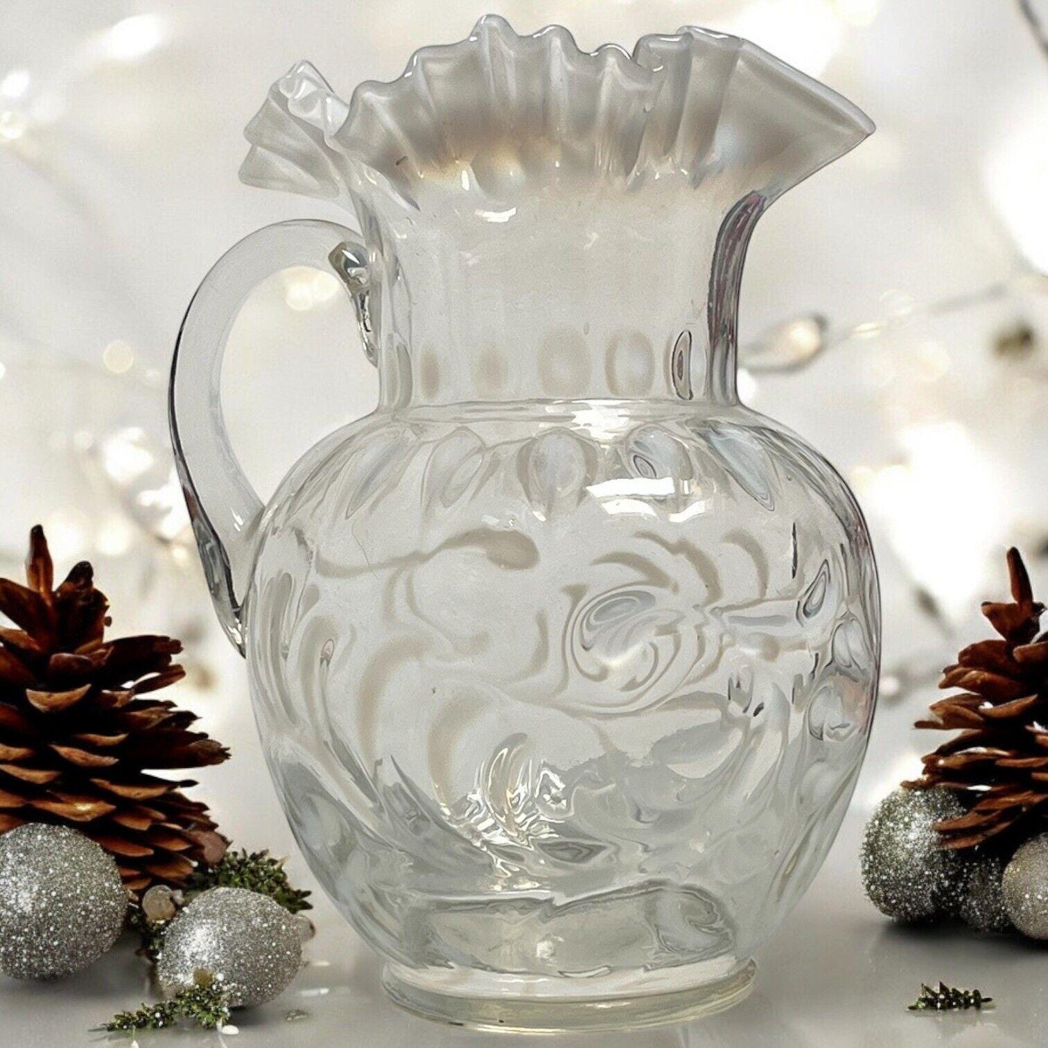 Antique Fenton Art Glass White Opalescent Pitcher Buttons Braids
