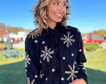 90s Snowflake Bling Fake Fur Trim Cardigan