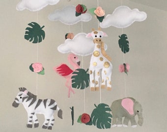 Jungle Baby mobile - Safari baby girl mobile with flowers, jungle leaves and clouds - jungle nursery decor