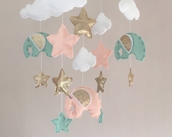 Baby mobile - Baby girl mobile - Cot mobile - Star mobile - Cloud Mobile - Elephant mobile - Nursery Decor - Clouds and stars and elephants