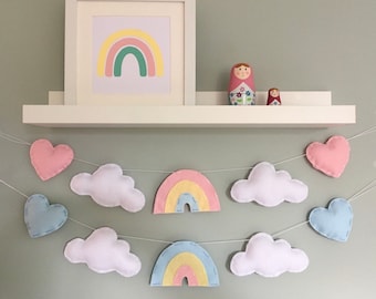 Set of 2 Pastel Rainbow Garlands - cloud and heart garland - kids room decor - nursery wall art - rainbow baby gift - nursery garland