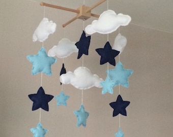 Baby mobile - Baby boy mobile - Cot mobile - Star mobile - Cloud Mobile - Nursery Decor - Clouds and stars - Navy and blue