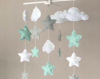 Baby mobile - Cot mobile - clouds and stars - Cloud Mobile - Nursery Decor - Pastel Nursery - Mint, white and grey mobile