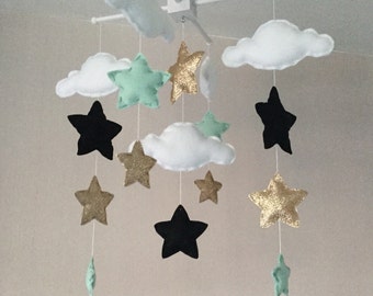 Baby mobile - Cot mobile - Star mobile - Cloud Mobile - Nursery Decor - Clouds and stars - Gold, mint green and black