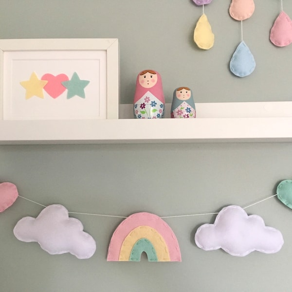 Pastel Rainbow, cloud and heart garland - kids room decor - nursery wall art - rainbow baby gift - nursery garland