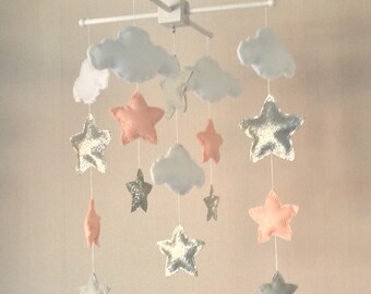 Baby mobile - Baby girl mobile - Cot mobile - Star mobile - Cloud Mobile - Nursery Decor - Clouds and stars - Silver, coral and grey