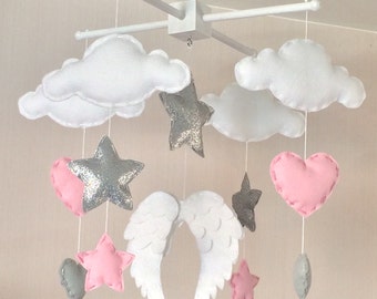Baby mobile - Baby girl mobile - Cot mobile - Angel wings, clouds, hearts and stars mobile - Cloud Mobile - Nursery Decor -
