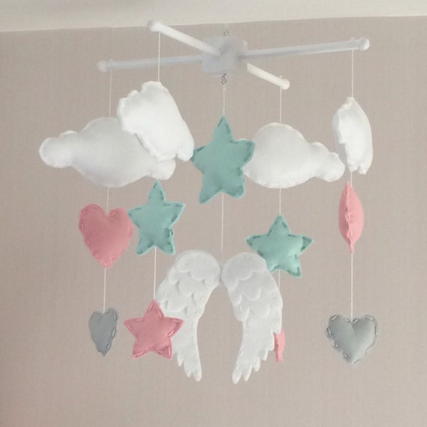 Baby mobile - Baby girl mobile - Cot mobile - Angel wings, clouds, hearts and stars mobile - Nursery Decor - pale pink, mint and grey