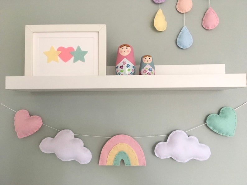 Pastel Rainbow, cloud and heart garland kids room decor nursery wall art rainbow baby gift nursery garland image 6