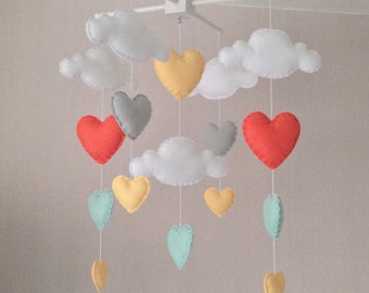 Baby mobile - Cot mobile - clouds and hearts - Cloud Mobile - Baby girl mobile - Nursery Decor - Pastel Nursery - Pastel baby mobile