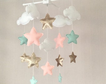 Baby mobile - Baby girl mobile - Cot mobile - Star mobile - Cloud Mobile - Nursery Decor - Clouds and stars - Gold, mint green and coral