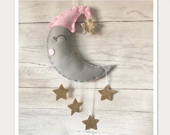 Sleepy moon and stars mini baby mobile - nursery decor - new baby gift - nursery accessories - nursery wall art