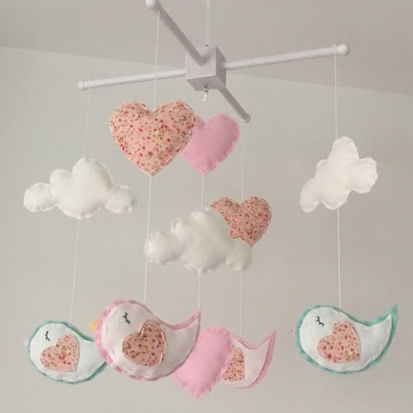 Baby mobile - Cot mobile  -  Bird Mobile - Cloud Mobile - Baby girl mobile - Nursery Decor - Pink Nursery - Pink baby mobile