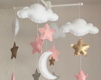 Baby mobile - nursery decor - baby girl mobile - clouds moon and stars. Pink and gold nursery decor