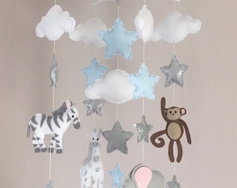 Baby mobile -Safari baby boy mobile - Crib mobile - Jungle mobile - Cloud Mobile - Nursery Decor - Clouds, stars and jungle animals