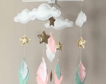 Baby mobile - Baby girl mobile - Cot mobile - Feather mobile - Nursery Decor - Clouds, feathers and stars - Gold, mint green and pale pink