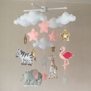 Safari Baby mobile - baby girl mobile - Crib mobile - Jungle mobile - Cloud Mobile - Nursery Decor - Clouds, stars and jungle animals