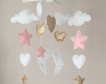 Baby mobile - Baby girl mobile - Cot mobile - Angel wings, clouds, hearts and stars mobile - Cloud Mobile - Nursery Decor - Clouds and stars