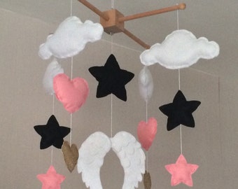 Baby mobile - Baby girl mobile - Cot mobile - Angel wings, clouds, hearts and stars mobile - Cloud Mobile - Nursery Decor -