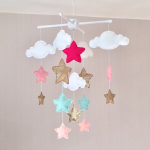 Baby mobile Baby girl mobile Cot mobile Star mobile Cloud Mobile Gold, pale mint green, pale coral and bright pink image 5