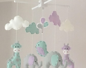 Baby mobile - Cot mobile  -  Elephant baby Mobile - Cloud Mobile - Giraffe baby mobile - Nursery Decor - Pastel Nursery - likac, grey and mi