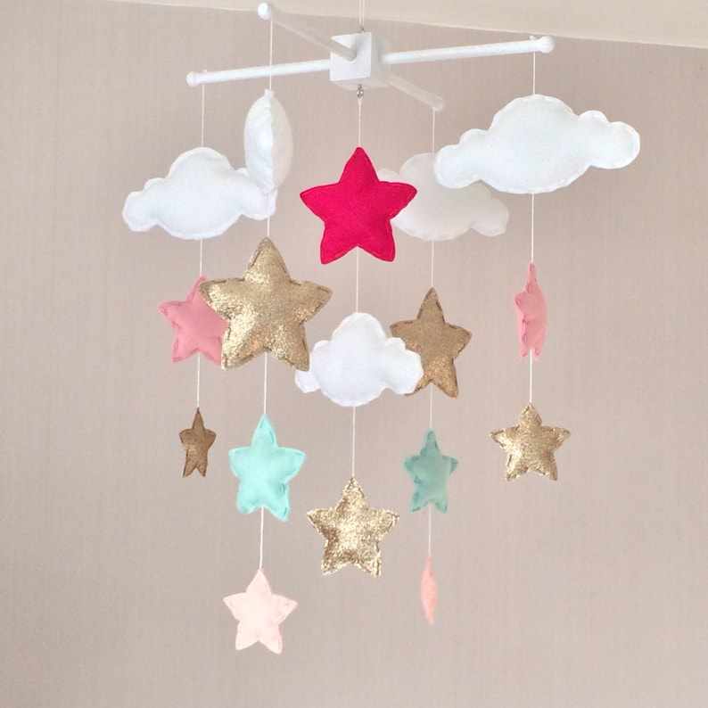 Baby mobile Baby girl mobile Cot mobile Star mobile Cloud Mobile Gold, pale mint green, pale coral and bright pink image 1