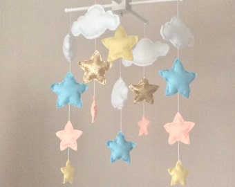 Baby mobile - Baby girl mobile - Cot mobile - Star mobile - Cloud Mobile - Nursery Decor - Clouds and stars - gold and pastels