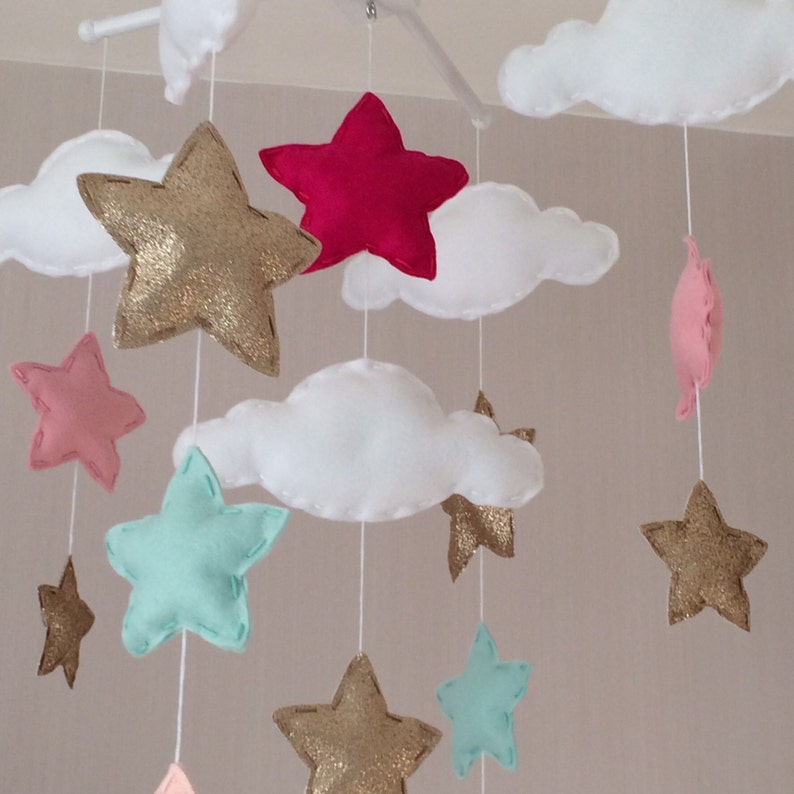 Baby mobile Baby girl mobile Cot mobile Star mobile Cloud Mobile Gold, pale mint green, pale coral and bright pink image 3