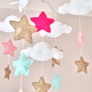 Baby mobile Baby girl mobile Cot mobile Star mobile Cloud Mobile Gold, pale mint green, pale coral and bright pink image 4