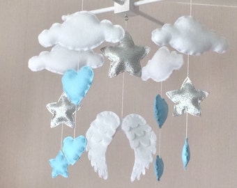 Baby mobile - Baby boy mobile - Cot mobile - Angel wings, clouds, hearts and stars mobile - Cloud Mobile - Nursery Decor - Clouds and stars