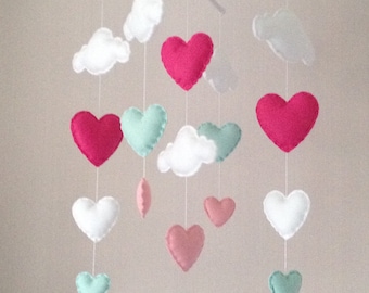 Baby mobile - Cot mobile - clouds and hearts - Cloud Mobile - Baby girl mobile - Nursery Decor - Pink Nursery - Pink baby mobile