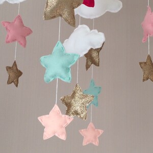 Baby mobile Baby girl mobile Cot mobile Star mobile Cloud Mobile Gold, pale mint green, pale coral and bright pink image 2