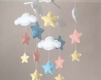 Baby mobile - Cot mobile - clouds and stars - Cloud Mobile - Nursery Decor - Pastel Nursery - Pastel baby mobile