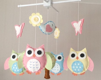 Baby Mobile - Owl baby mobile - Cot Mobile - Baby girl mobile - Nursery Decor - Owls, bird, butterflies, flowers and tree.