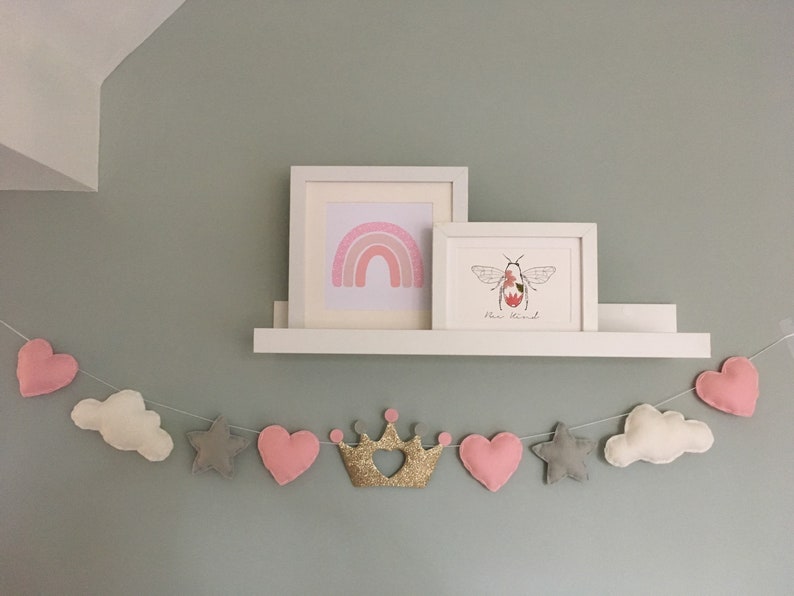 Princess garland Girls bedroom decor Nursery decor clouds, hearts, stars and princess crown. image 7