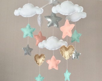 Baby mobile - Baby girl mobile - Cot mobile - Star mobile - Cloud Mobile  - Clouds, hearts and stars - Gold, mint, silver and pale coral