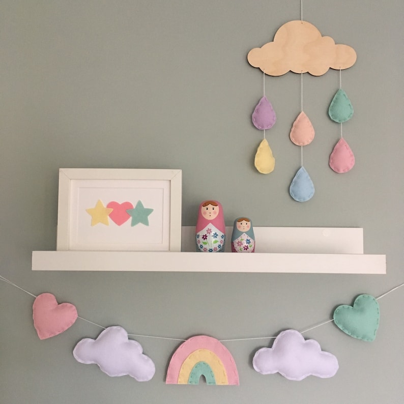 Pastel Rainbow, cloud and heart garland kids room decor nursery wall art rainbow baby gift nursery garland image 3