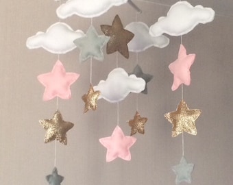 Baby mobile - Baby girl mobile - Cot mobile - Star mobile - Cloud Mobile - Nursery Decor - Clouds and stars - Grey, pale pink and gold