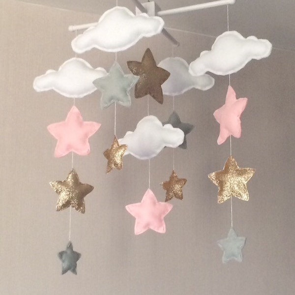 Baby mobile - Baby girl mobile - Cot mobile - Star mobile - Cloud Mobile - Nursery Decor - Clouds and stars - Grey, pale pink and gold