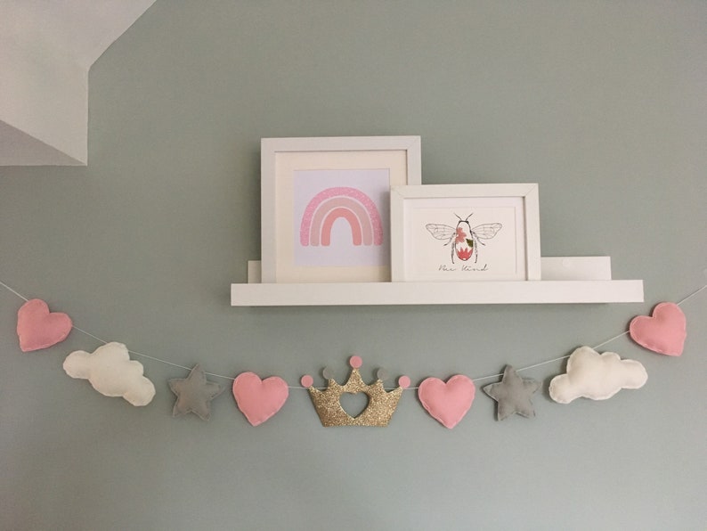 Princess garland Girls bedroom decor Nursery decor clouds, hearts, stars and princess crown. image 1