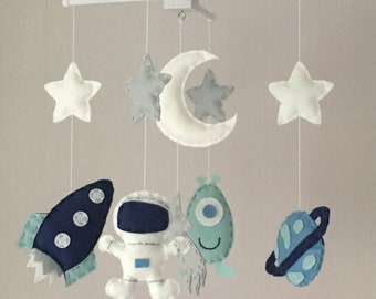 Space Mobile - Baby Mobile - Baby boy crib mobile - Cot Mobile -Nursery Decor - Boys Nursery - Space Nursery - Navy, mint and blue